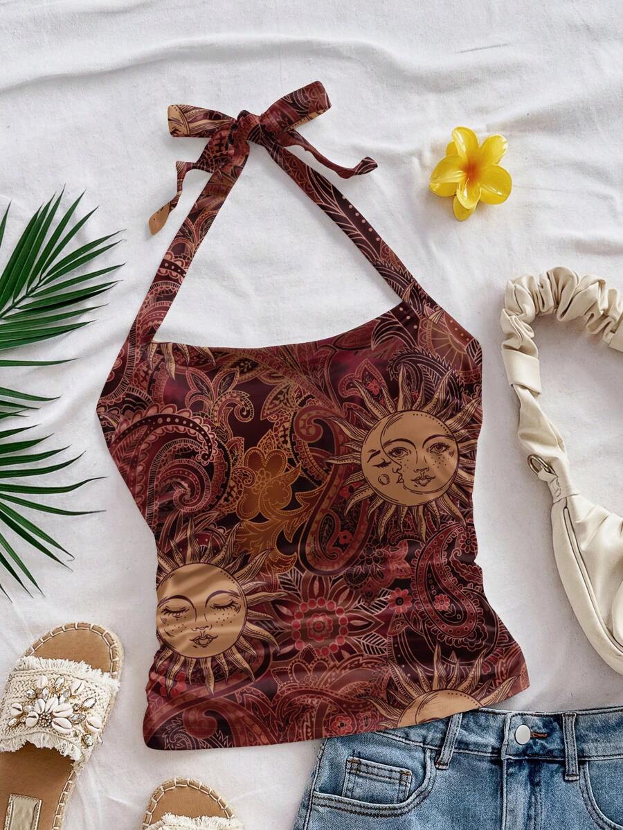 Soleia Sun God Design Casual Minimalist Plus Size Camisole And Tank Top, Suitable For Summer Suitable For Going Out - Multicolor - View 1