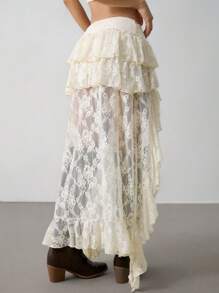 SHEIN PETITE Hippie Cowgirl 90s Ultra Low Waist Lace Tiered Mini Front Long Back Long Skirt Boho - Apricot - View 2