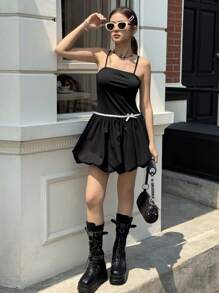 SHEIN Teen Girls' Fitted Casual Minimalist Comfortable Cami Dress With Contrast Strap Decor - Black - View 4