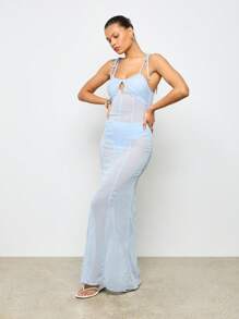 AiiRZ 透明雪纺系肩超长连衣裙海滩罩衫夏季度假装搭配同款内衬长款飘逸晚会礼服 - 藍色 - 查看 4