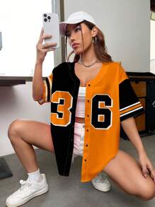 SHEIN EZwear Áo bóng chày tay ngắn hở phía trước quá khổ cho nữ, phù hợp cho mùa hè, vừa vặn với size 36, phù hợp cho các trò chơi thể thao - Nhiều màu - Xem 3