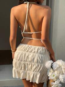 SHEIN EZwear Women's Romantic Date Mini Dress With Open Back Halter Neck Pleated Texture For Spring Summer Vacation Business Casual Women's Birthday Dress Women's Cocktail Dress