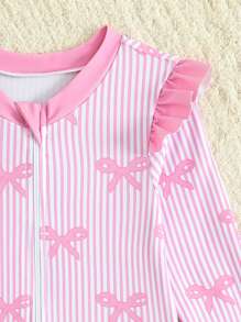 Baby Girl Bowknot Striped Ruffled One-Piece Swimsuit With Zipper Swimsuit Long Sleeve Girls Swimsuit Kids Swimsuits Long Sleeve Kids Swimsuit Long Sleeve Girls Long Sleeve Swim Suits Swim Suit For Girls Long Sleeve