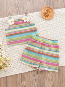 SHEIN Vintaside Kids 2 pezzi/set Top con cerniera ricamato con motivo floreale e righe arcobaleno + pantaloncini con vita elastica per bebè femmine, tuta casual estiva comoda e morbida, adatta per vacanze e spiaggia