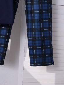 SHEIN 青少年男童休闲简约圆领短袖 T 恤和格子图案宽松睡裤 2 件套睡衣套装 - 藏蓝色 - 查看 4