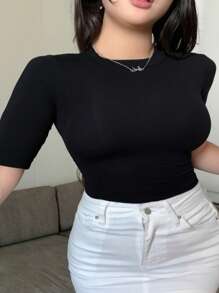 REIGN AVE Plus Size Crew Neck Solid Color Short Sleeve Black Base T-Shirt, Back To School Clothes - Black - View 8