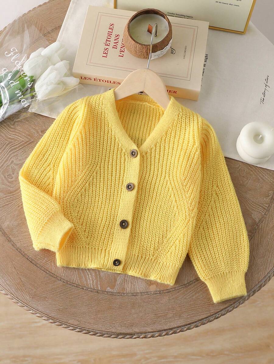 Elladie kids 年轻女孩和年轻女孩的轻质开衫，米色，白色，浅黄色，杏色，创意纹理钩针图案，V领，灯笼袖，罗纹袖口，百搭，时尚，可爱，优雅，适合春夏季，学校，日常外出，针织毛衣外套 - 黃色 - 查看 1