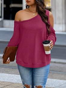 Calvaya Plus Size Solid Color Oblique Shoulder Long Sleeve Sweatshirt, Fashionable For Summer - Hot Pink - View 3