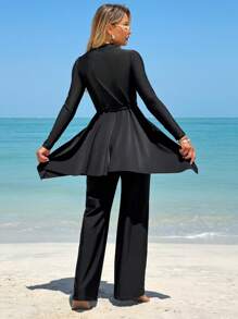 Swim Mulvari 2 pezzi Costume da bagno da donna, top a collo tondo manica lunga e pantaloni con coulisse in vita, set burkini modesto per vacanze, protettivo dal sole