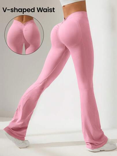 SHEIN Core Rhythm Leggings de campana plisados de unicolor, adecuados para yoga