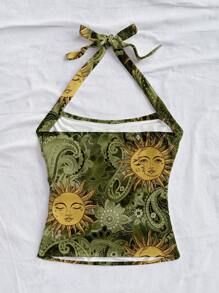 Soleia Plus Size Sun God Print Casual Tank Top & Top Set, Suitable For Summer Suitable For Going Out - Multicolor - View 2