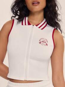 "Musera Sport" Zip Through Graphic Print Fitted Top Active Workout Gym, Padel, Tennis, Racquetball, Pickleball Gym Fitness - White - View 4