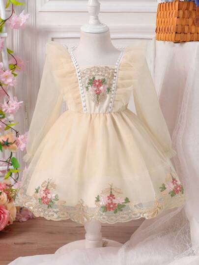 Glamorique Kids 女宝宝春夏荷叶边长袖网眼花卉刺绣拼接优雅可爱公主连衣裙