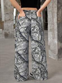 SHEIN Teen Girls' Twig Pattern Wide Leg Loose Casual Versatile Jeans - Multicolor - View 2