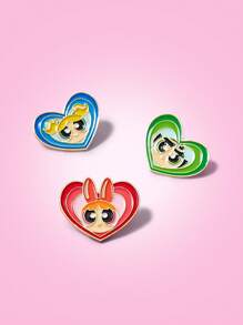 THE POWERPUFF GIRLS X SHEIN Broche en émail en forme de cœur avec les motifs Fleur, Bulle, Capucine, accessoire créatif et raffiné, insigne en alliage