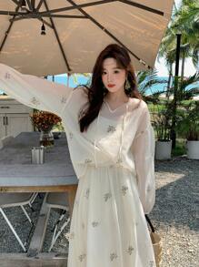 DAZY 2 件套女士春夏休闲假日优雅印花衬衫和连衣裙套装