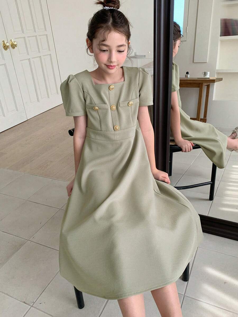 DAZY 青少年女孩方领编织短袖连衣裙,夏季,返校服装 - 綠色 - 查看 1