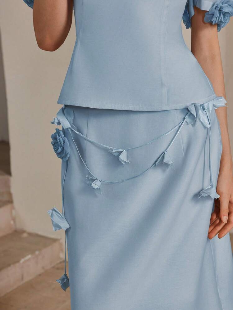 3Dフラワー柄 ウエストシャーリング マキシドレス 2点セット