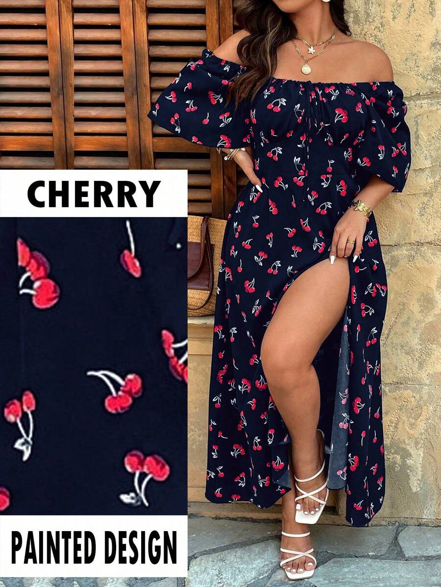 SHEIN Clasi Plus Size Cherry Print Pattern Short Sleeve Halter Neck Chest Tie Up Waist Back Elastic Hem Side Split Ankle Length Dress, Cute For Vacation/Dating - Multicolor - View 1