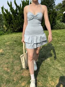 SHEIN EZwear 女士优雅纯色收腰荷叶边下摆吊带背心迷你连衣裙 - 藍色 - 查看 3