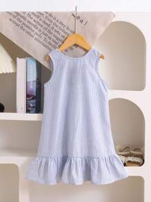 Young Girl Color Block Round Neck Fitted Casual Dress - Blue - View 3