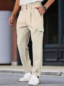 Manfinity Mode Gift For Men, Men's High Waist Double Button Waist Design, Side Flap Pocket Suit Pants Simple Fashion Casual Daily Solid Color Men Clothes Men Pants Men Pants Casual Men Clothing Men Pants Pants Accessories Men Casual Men Pants - Apricot - View 4