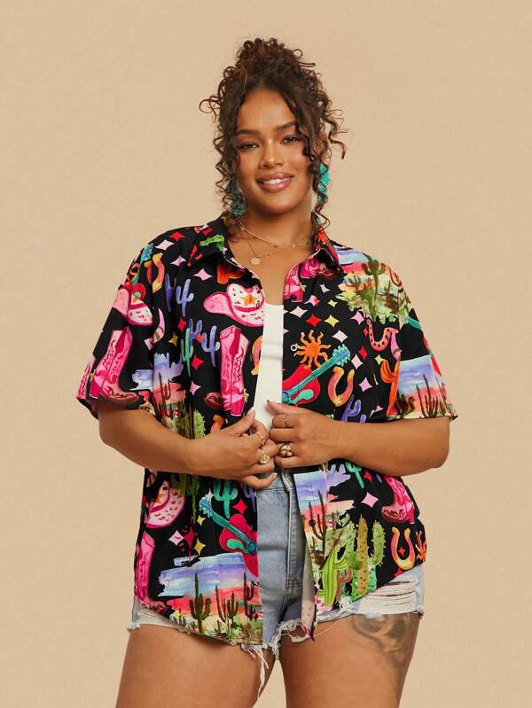 Travachic Plus Size Women's Casual Tropical Plant Print Lapel Beach Short Sleeve Shirt