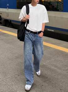 DAZY Men's Plain Washed Blue Denim Jeans, Spring - Blue - View 3