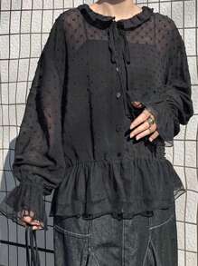 FRIFUL Women's Casual Solid Color Textured Ruffled Hem Blouse - Black - View 7