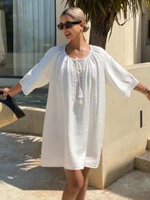 DAZY Vacation Casual Solid Color Crochet Lace Tie Off-Shoulder Beach Cover Up - White - View 5