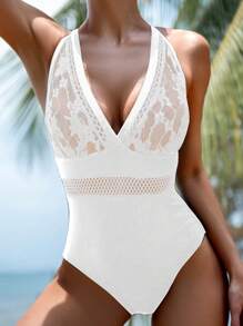 SHEIN Swim 1pc Women's Solid Color Neck-Tie Halter Swimsuit, Fashionable For Summer - White - View 4