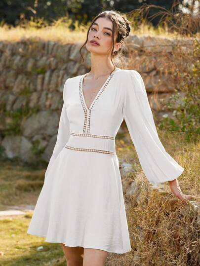 Chiquease 纹理编织蕾丝镂空黄色迷你连衣裙，春夏优雅时尚风格，适合春秋季节