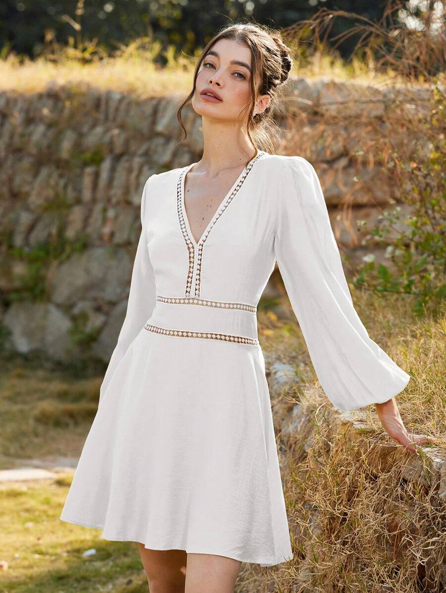Chiquease Textured Woven Lace Hollow Out Yellow Mini Dress, Spring & Summer Elegant Fashionable Style For Spring Fall - White - View 1