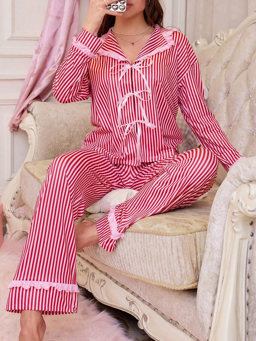 Women Striped Contrast Color Pajama Shorts, Simple Fashion Suitable For Summer Set - Multicolor - View 1