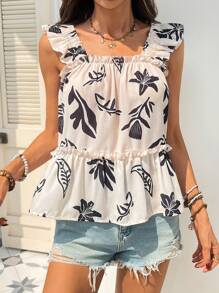 SHEIN VCAY 女士度假植物印花荷叶边下摆休闲吊带背心、夏季上衣、女士夏季服装、夏季、女士度假服装 - 杏色 - 查看 8