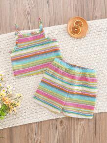 SHEIN Vintaside Kids 2 pezzi/set Top con cerniera ricamato con motivo floreale e righe arcobaleno + pantaloncini con vita elastica per bebè femmine, tuta casual estiva comoda e morbida, adatta per vacanze e spiaggia