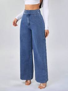 SHEIN Tall Women's Jeans High Waist Casual Loose Wide Leg Trousers Blue Style Straight Pants - Medium Wash - View 2