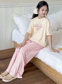 DAZY Tween Girl Knitted Print Short Sleeve T-Shirt + Allover Print Pants Pajama Sets, Spring/Summer - Yellow - View 2