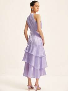 Femmeiva Women Elegant Purple Summer Mesh Dress,French Style Chic Sleeveless High Neck Hollow-Out Cinched Waist Multilayered Ruffled Hem Old Money Day Party - Mauve Purple - View 6