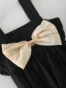 SHEIN 女童休闲时尚简约优雅复古黑白方领无袖高腰褶皱设计长款连体裤配大蝴蝶结装饰 - 黑色 - 查看 7