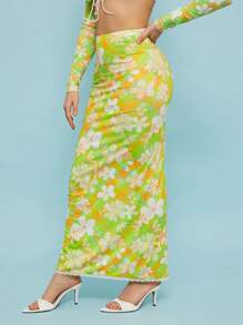 SHEIN Unity Skirt Floral Mesh Print Summer Fall Event Lace Trim Maxi Skirt Special Occasion Festival Thanksgiving Christmas NYE New Years Eve Outfits For Women - Green - View 1