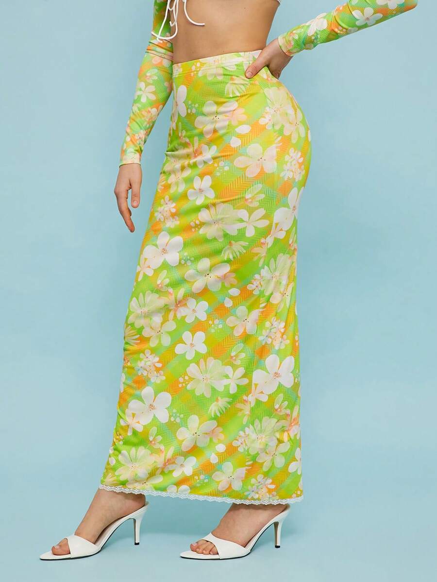 SHEIN Unity Skirt Floral Mesh Print Summer Fall Event Lace Trim Maxi Skirt Special Occasion Festival Thanksgiving Christmas NYE New Years Eve Outfits For Women - Green - View 1