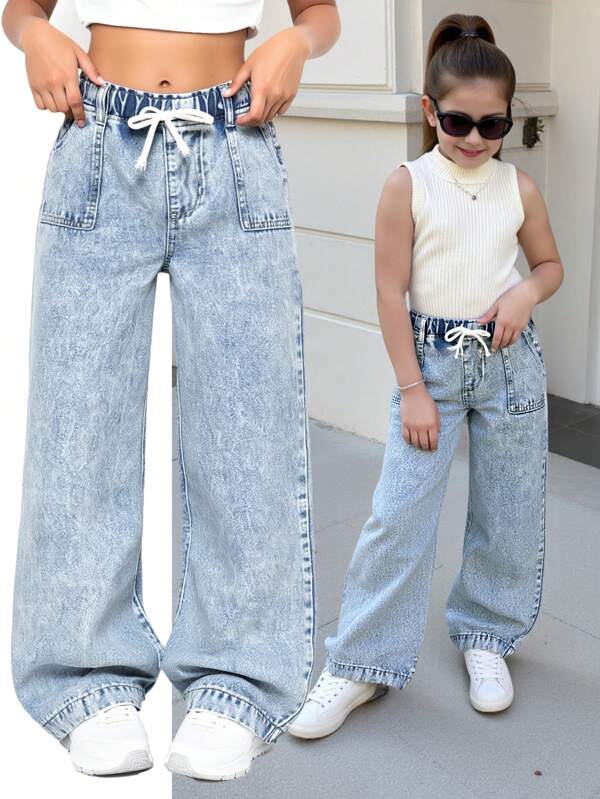 Tween Girls' Casual Light Blue Elasticated Waist Bow Decor Denim Wide Leg Jeans With Pockets