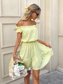 SHEIN LUNE Pale Yellow Summer Boho Vacation Holiday Butter Yellow Easter Dress,Off-Shoulder Short Dress For Women,Cute Graduation Wedding Guest Derby - Yellow - View 5