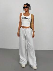 SHEIN PETITE Women's Summer Simple Front Tie Loose Sweatpants, Casual Daily Wear