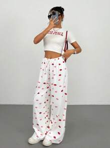 SHEIN PETITE Pantaloni casual da donna con stampa su tutto il capo e laccio frontale, stile minimalista per uso quotidiano