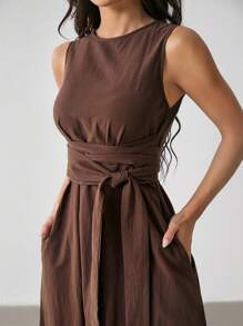 SHEIN PETITE Váy quấn không tay đơn giản màu trơn dành cho nữ, mặc thường ngày - màu nâu - Xem 6