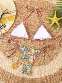 SHEIN Swim Women's Random Print Halter Neck Bikini Set For Summer Beach Vacation - Multicolor - View 2