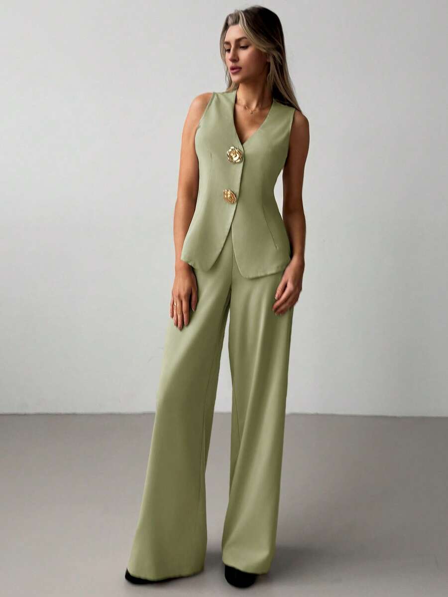 Aloruh 2 件套优雅办公室通勤 V 领上衣搭配长裤，百搭纯色金属纽扣装饰，杏色