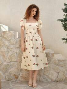 SHEIN MOD Square Neck Floral Backless Bohemian Dress, Elegant Casual, Beach, Western Style, Holiday Dress, Tea Party Dress, Vintage Dress, Women's Easter Dress, Graduation Dress